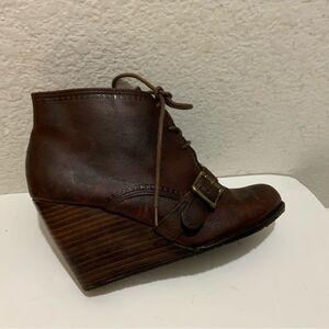 Fossil Charlene Ankle Boots Womens Size 7.5 Brown  Leather Lace Up Buckle Wedge